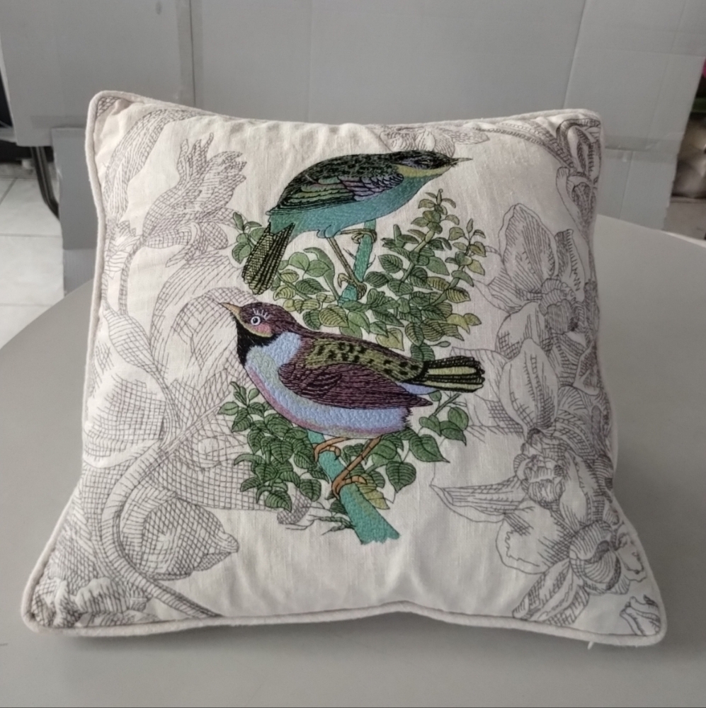 Embroidered Birds & Floral Accent Pillow Cream Cottagecore Shabby Chic Nature